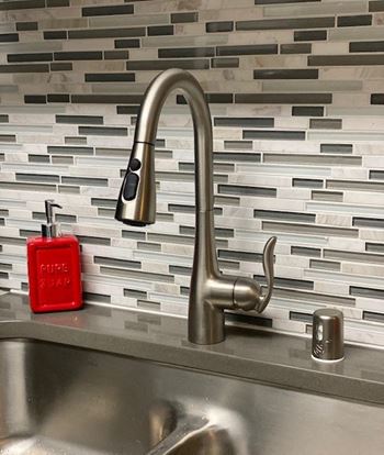 Tile back-splash, goose neck faucet